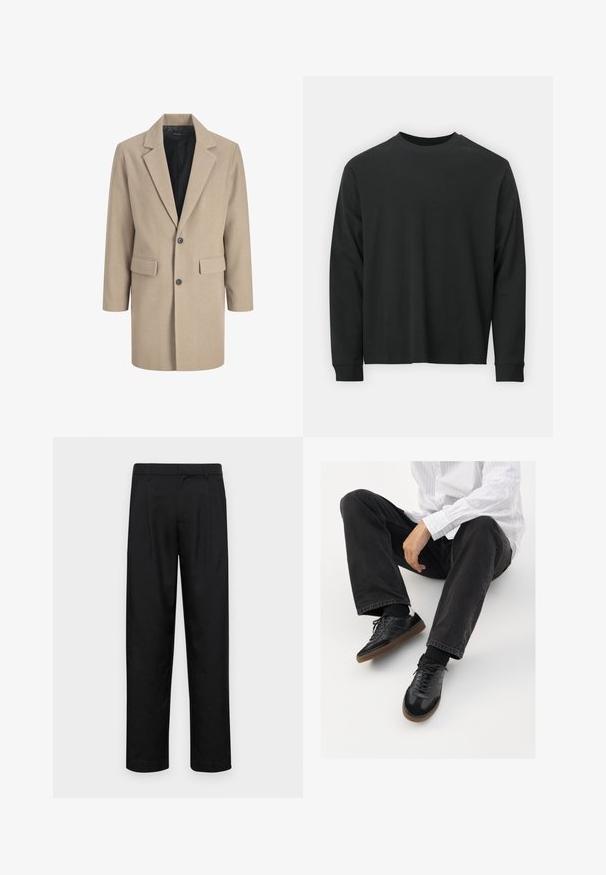 Manteau beige avec un col cranté, fermeture à un bouton et deux poches avant. Fabriqué en tissu texturé avec une doublure intérieure lisse.; T-shirt noir à manches longues en coton, avec un col rond, une coupe ample et des poignets côtelés. Texture lisse sans motifs visibles.; Pantalons noirs en tissu lisse, avec une coupe droite, deux plis avant et une taille standard avec passants de ceinture.; Sneakers noirs avec un dessus lisse et texturé, dotés d'une semelle en caoutchouc et de lacets sombres. Associés à un jean noir et une chemise blanche à rayures.