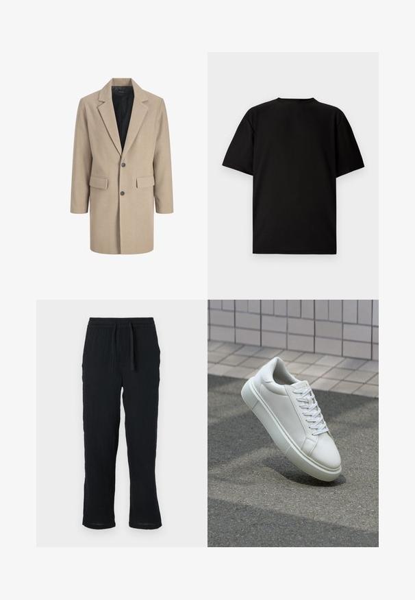 Palton bej cu rever ascuțit, închidere cu un nasture și două buzunare frontale. Fabricat dintr-un material texturat, cu o căptușeală interioară fină.; Tricou negru cu mânecă scurtă, fabricat din material cu textură de tip ribbed. Are un decolteu rotund și o croială lejeră cu o textură fină. Vedere din spate.; Pantaloni negri, ușori, cu un brâu elastic, cu o croială lejeră și un material texturat. Picioare drepte, cu o manșetă ușor conică.; Sneaker alb din piele cu o suprafață netedă, vârf rotund și șireturi plate albe. Dispune de o talpă din cauciuc texturată și elemente de design minimale.