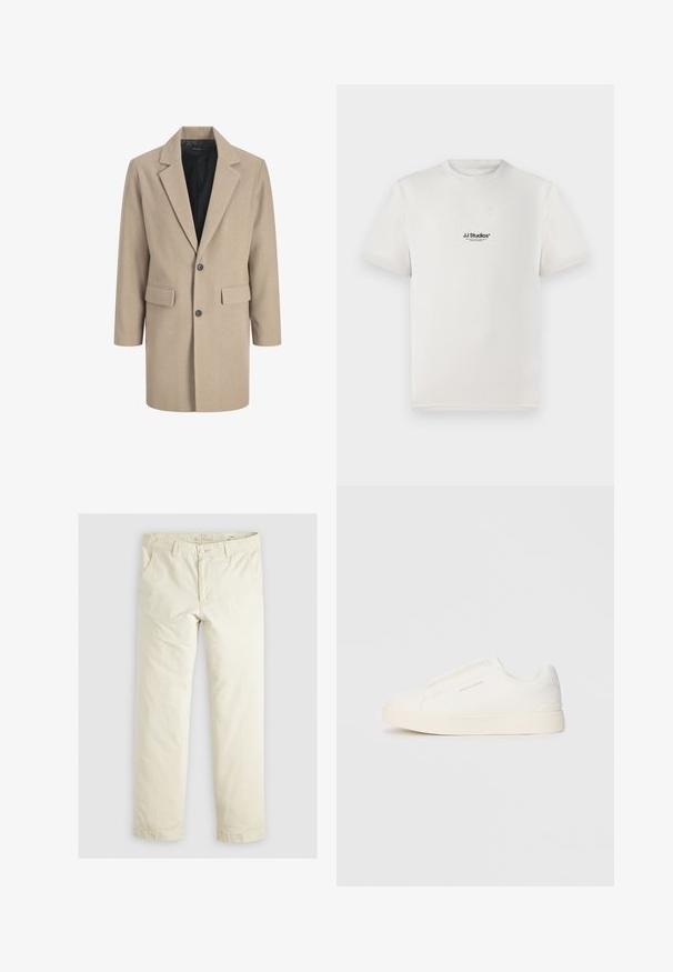 Beige frakke med klippede revers, enkelt knaplukning og to frontlommer. Lavet af tekstureret stof med en glat indvendig foring.; Hvid bomuld t-shirt med korte ærmer, prydet med et sort "JJ Studios" logo på brystet. Rund hals og standard pasform.; Lys beige løstsiddende bukser med tre lommer, bæltestropper og lige ben. Fremstillet af et blødt bomuldsblandingsstof.; Hvide slip-on sneakers med en struktureret overflade, en tyk sål og et minimalistisk design. Har brandlogoet på siden.