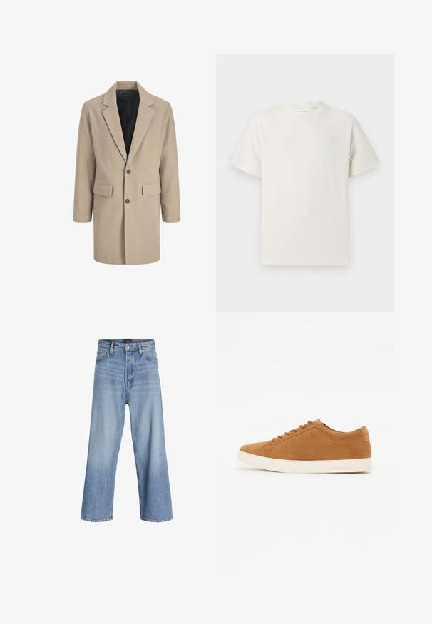 Beige overcoat met een notch-lapel, sluiting met één knoop en twee voorzakken. Gemaakt van textuurstof met een gladde binnenvoering.; Witte korte mouwen T-shirt met ribbelstructuur. Ronde hals, ontspannen pasvorm, geen zichtbare patronen of accenten. Eenvoudig en veelzijdig ontwerp.; Lichtblauwe denim wijdvallende jeans met een hoge taille, voorzien van een knoopsluiting, vijf pockets en subtiele vervaging. Schoon afgewerkte zoom.; Bruine leren sneakers met een laag ontwerp, witte rubberen zool en ronde neus. Bevat bijpassende veters en minimale branding op de hiel.