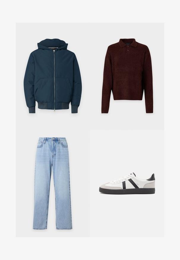 Granatowa puchowa kurtka z kapturem, z zamkiem błyskawicznym z przodu, dwiema dużymi kieszeniami i elastycznymi mankietami; wykonana z gładkiego, trwałego materiału.; Brązowy sweter robiony na drutach z kołnierzykiem polo, trzema guzikami przy szyi i długimi rękawami. Miękka faktura, ściągacze na rękawach i u dołu.; Jasnoniebieskie dżinsy o prostym kroju, wysoki stan, pięć kieszeni oraz zapięcie na górny guzik. Posiadają przetartą fakturę i kontrastowe szwy.; Białe sneakersy z czarnymi i szarymi akcentami, z teksturowanym szarym czubkiem, czarną gumową podeszwą i płaskimi białymi sznurowadłami. Czysty design, minimalistyczny styl.