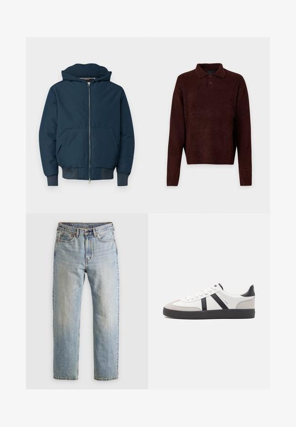 Giubbotto imbottito blu navy con cappuccio, zip frontale, due grandi tasche e polsini elasticizzati; realizzato in un tessuto liscio e resistente.; Pullover marrone lavorato a maglia con colletto polo, tre bottoni al collo e maniche lunghe. Texture morbida, polsini e orlo a costine.; Jeans in denim azzurro chiaro con vita alta, bottone anteriore, cerniera e design a cinque tasche, adagiati su uno sfondo neutro.; Sneaker bianco con accenti neri e grigi, dotata di una punta grigia testurizzata, suola in gomma nera e lacci bianchi piatti. Design pulito, stile minimalista.