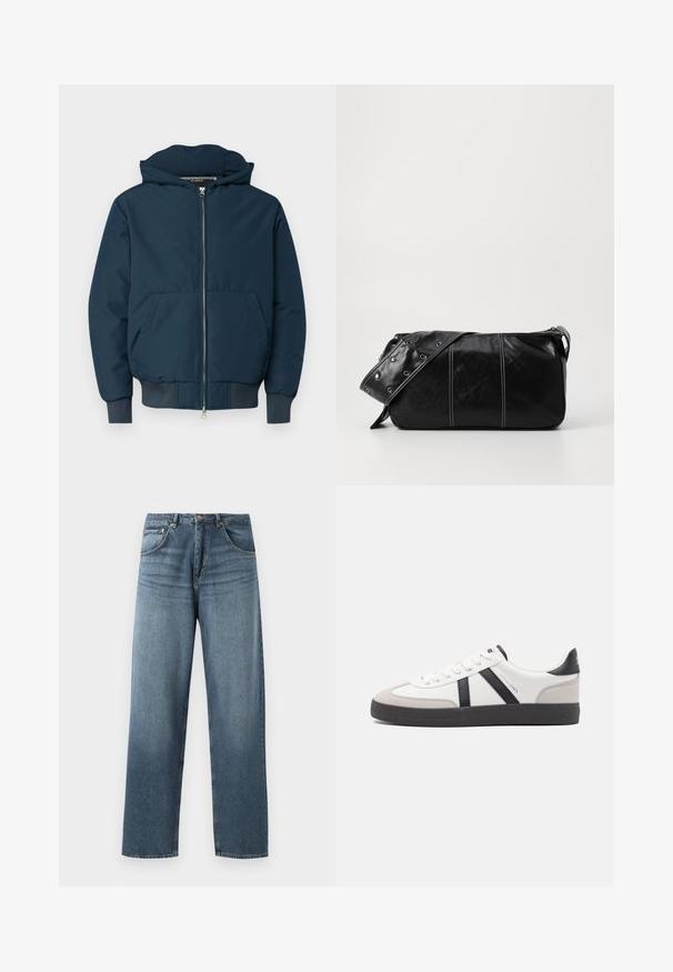 Chaqueta acolchada azul marino con capucha, cierre frontal, dos grandes bolsillos y puños elásticos; confeccionada en un tejido suave y duradero.; Pulóver marrón de punto con cuello polo, tres botones en el cuello y mangas largas. Textura suave, puños y dobladillo acanalados.; Jeans de mezclilla azul de pierna recta con un lavado desgastado, que cuentan con un diseño de cinco bolsillos, botón de metal y presillas para cinturón. Tejido estructurado y de peso medio.; Zapatilla blanca con acentos en negro y gris, que presenta una puntera texturizada en gris, suela de goma negra y cordones planos blancos. Diseño limpio, estilo minimalista.; Bolso de hombro de cuero negro con cierre de cremallera, que presenta un cuerpo texturizado, costuras blancas y una correa con ojales plateados.