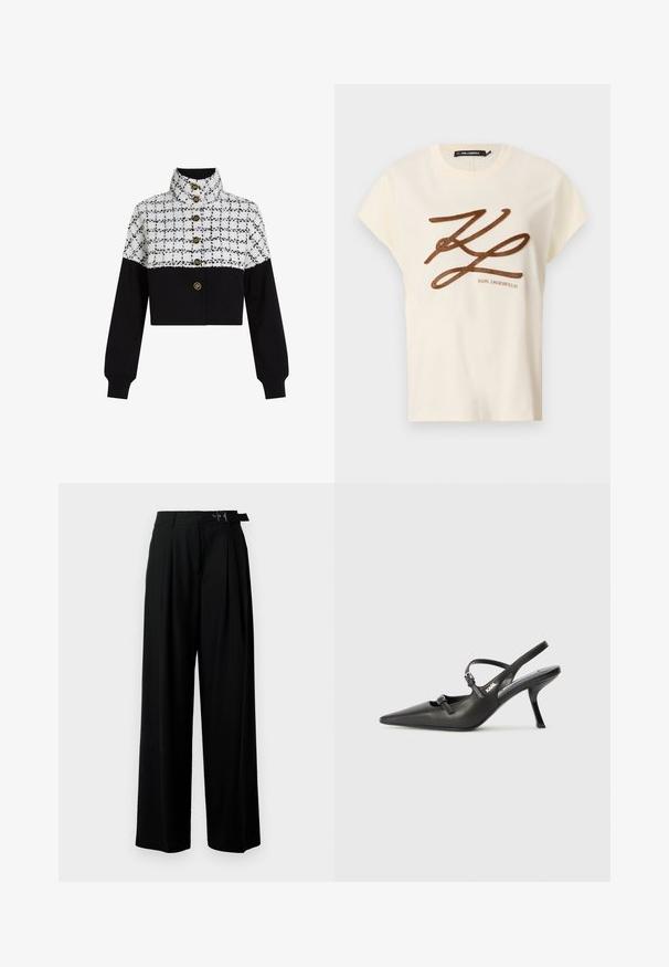 Avkuttet jakke med et hvitt og svart rutete mønster på den øverste halvdelen og ensfarget svart stoff på den nederste halvdelen. Fire gullknapper pryder fronten.; Kremfarget bomull T-skjorte med korte ermer, med en brun brodert logo og skriftdesign på fronten.; Svarte vide bukser med høy livlinje, folder foran og belte med spenne. Laget av glatt, lett materiale.; Sorte skinn slingback-hæler med spiss tå, slank hæl og dekorativ spenne detalj på vampsiden. Glatt tekstur og stilrent design.