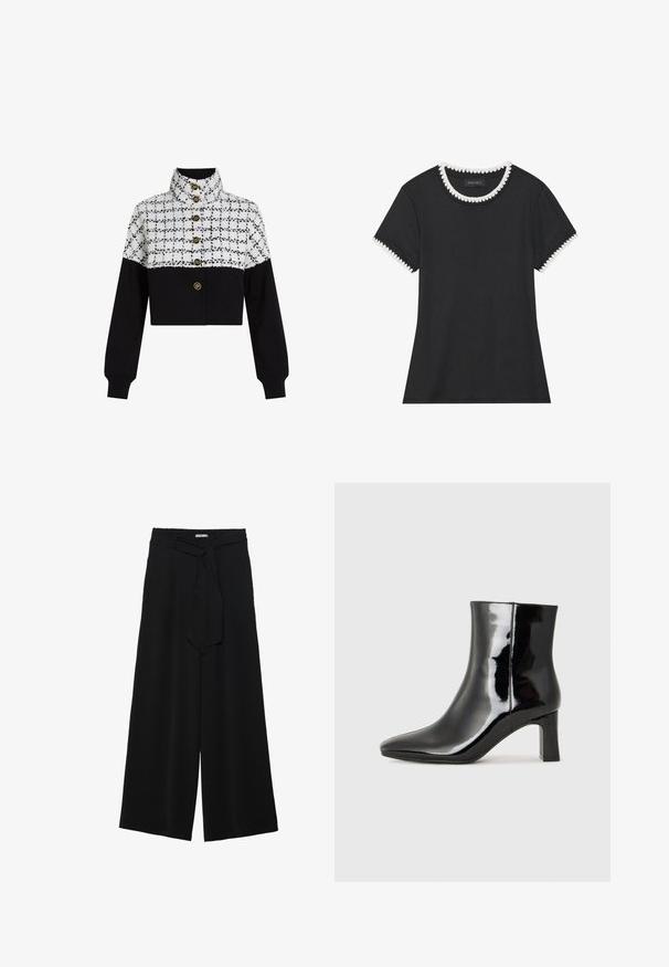 Avkuttet jakke med et hvitt og svart rutete mønster på den øverste halvdelen og ensfarget svart stoff på den nederste halvdelen. Fire gullknapper pryder fronten.; Svart t-skjorte med rillete tekstur, rund hals med hvit bølget kant, og kortermede ermer med matchende bølgete detaljer.; Svart vide bukser med teksturert stoff, elastisk midje og avtagbart belte som gir justerbar passform.; Sorte patentlær ankle boot med spiss tå og en mellomhøy blokkhelt. Glatt tekstur og minimalistisk design.