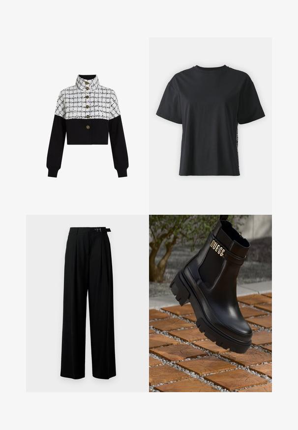 Avkortad jacka med en vit och svart rutigt mönster på den övre halvan och helt svart tyg på den nedre halvan. Fyra guldknappar pryder framsidan.; Svart kortärmad t-shirt i bomull med avslappnad passform och kontrasterande sidopanel som har små texter och designdetaljer.; Svarta byxor med vida ben och hög midja, med veck framtill och ett bälte med spänne. Tillverkade av ett mjukt, lätt tyg.; Svart läderankelsko med en kraftig gummisul, elastiska sidopaneler och en guldfinish med "GUESS"-logotyp.