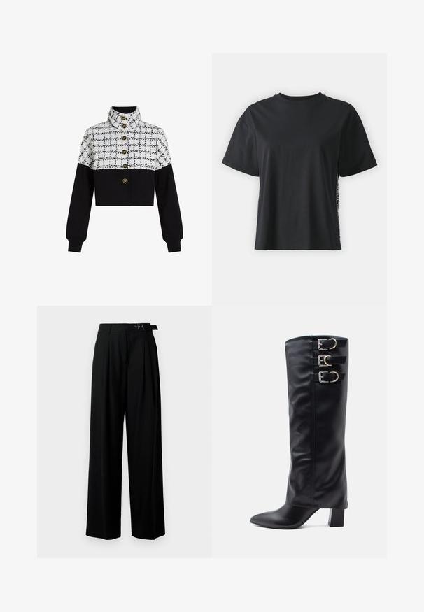 Lühike jakk, mille ülaosas on valge ja must ruuduline tekstuur ning alumises osas ühtlane must kangas. Ees on neli kullatud nööpi.; Must have lühikeste varrukatega puuvillane must T-särk, millel on lõdvestunud lõige ja kontrastne külgpanel, mis sisaldab väikest teksti ja kujunduselemente.; Mustad kõrge vöökohaga mustad laiad püksid, millel on ees voldid ja vöö, millel on pandla. Valmistatud siledast ja kergest kangast.; Mustad, sujuva kunstnahast kuni põlve ulatuvad saapad, millel on terav nina, küljel kolm hõbedast lukku ja platsheel.