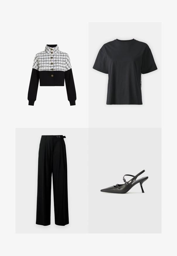 Kurtka ar saīsinātu piegriezumu, augšējā daļā ar balto un melno kvadrātu tekstūru un apakšējā daļā – ar vienkrāsainu melnu audumu. Priekšpusi rotā četri zelta pogas.; Melna īsām piedurknēm kokvilnas t-kreklu ar brīvu piegriezumu un kontrastējošu sānu paneli, kas satur nelielu tekstu un dizaina detaļas.; Melni plaši bikses ar augsto jostasvītru, priekšā ar krokojiem un jostu ar sprādzi. Izgatavotas no gludas, vieglas auduma.; Melnas ādas slingback papēži ar norādītu purngalu, izsmalcinātu papēdi un dekoratīvu sprādzi uz priekšpuses. Gluda tekstūra un elegants dizains.