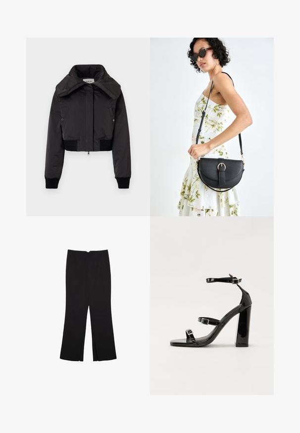 Replay JACKET - Bomberjakke - black; Simpel sort kortærmet bomulds T-shirt med rund hals, præsenteret på en hvid baggrund.; Sorte bukser med lige pasform, der har frontlommer og slidser i kanten. Lavet af blødt, glat stof. Velegnet til forskellige anledninger.; Sorte laklædersandaler med høje hæle, to spænderemme, firkantet tå og en kraftig blokhæl, der har en glat, blank overflade.; Sort læderhåndtaske med en buet form, aftagelig rem og guldfinish. Tasken har en klap med en spænde detalje.