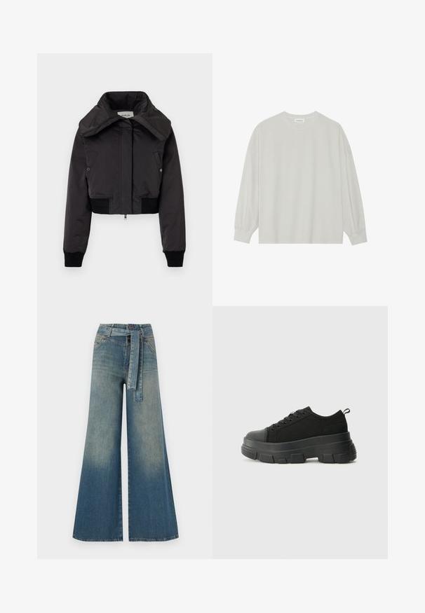 Replay JACKET - Blouson Bomber - black; T-shirt à manches longues gris clair en coton doux. Présente une coupe ample, un col rond et des poignets légèrement froncés. Aucun motif ni graphique.; Pantalons en denim à jambe large présentant un dégradé de bleu clair à bleu foncé, taille haute, passants de ceinture et une ceinture en tissu assortie. Finition en denim texturé.; Baskets noires avec une semelle en caoutchouc épaisse, un dessus en tissu texturé, un bout rond et un design à lacets. Présente des œillets renforcés et une languette à l'arrière.