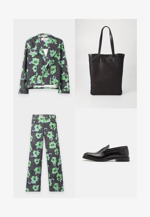 Blomstret jakke med sort baggrund, store grønne og blå blomster, reverskrave og forlommer. Lavet af tekstureret stof.; Hvid langærmet skjorte med knapper lavet af bomuld, med en brystlomme med tonal broderi, krave og knapmanchetter.; Mønstrede bukser i mørkegrå med store grønne og blå blomster. Inkluderer et matchende bælte med flere nitter og øjer.; Sorte læderloafers med en glat overflade, rund tå og en dekorativ strop over vampen. Lav hæl med stabeldesign, minimalistisk stil.; Sort lærred tote taske med sorte læderhåndtag. Simpelt design, rummelig krop og en glat overflade. Ingen synlige logoer eller mønstre.