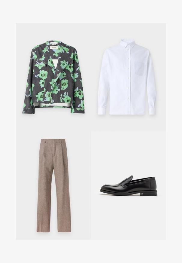 Blumenjacke mit schwarzem Hintergrund, großen grünen und blauen Blumen, Reverskragen und Fronttaschen. Aus strukturiertem Stoff gefertigt.; Weißes Langarm-Hemd mit Knöpfen aus Baumwolle, ausgestattet mit einer Brusttasche mit tonalem Stickerei, einem Kragen und Knopfmanschetten.; Braune, hochtaillierte Hose aus strukturiertem Stoff. Mit weitem Bein und zwei vorderen Bügelfalten für zusätzliche Form. Saubere Verarbeitung ohne sichtbare Hardware.; Schwarze Lederloafers mit glatter Textur, rundem Zehenbereich und einem dekorativen Riemen über dem Vorderfuß. Niedriger, gestapelter Absatz, minimalistisches Design.