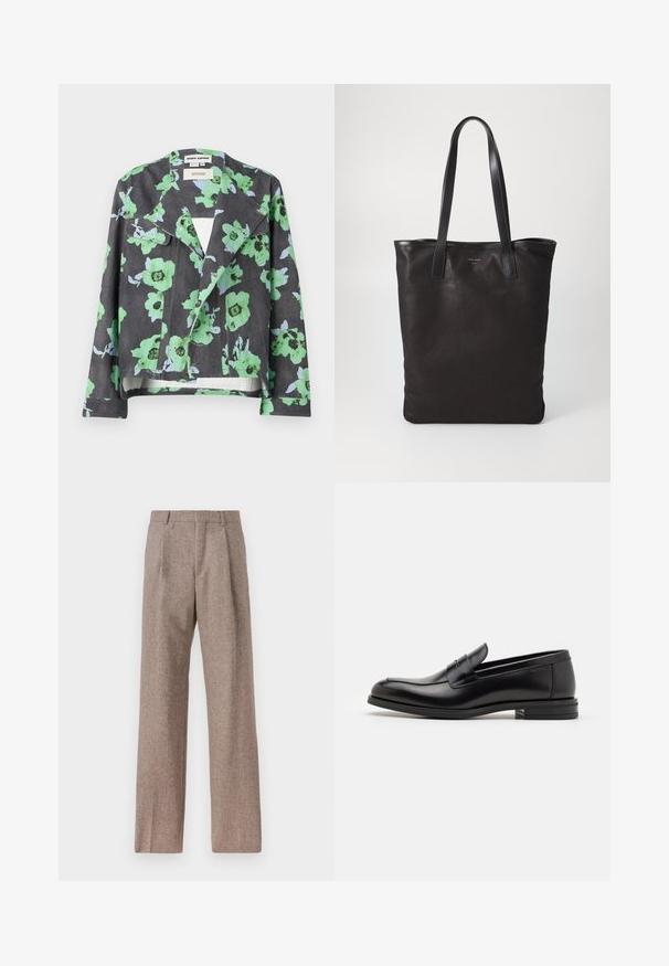 Blomstret jakke med sort baggrund, store grønne og blå blomster, reverskrave og forlommer. Lavet af tekstureret stof.; Hvid langærmet skjorte med knapper lavet af bomuld, med en brystlomme med tonal broderi, krave og knapmanchetter.; Brune, højtaljede bukser lavet af tekstureret stof. Har brede ben og to frontfoldninger for struktur. Pæn finish uden synlig hardware.; Sorte læderloafers med en glat overflade, rund tå og en dekorativ strop over vampen. Lav hæl med stabeldesign, minimalistisk stil.; Sort lærred tote taske med sorte læderhåndtag. Simpelt design, rummelig krop og en glat overflade. Ingen synlige logoer eller mønstre.