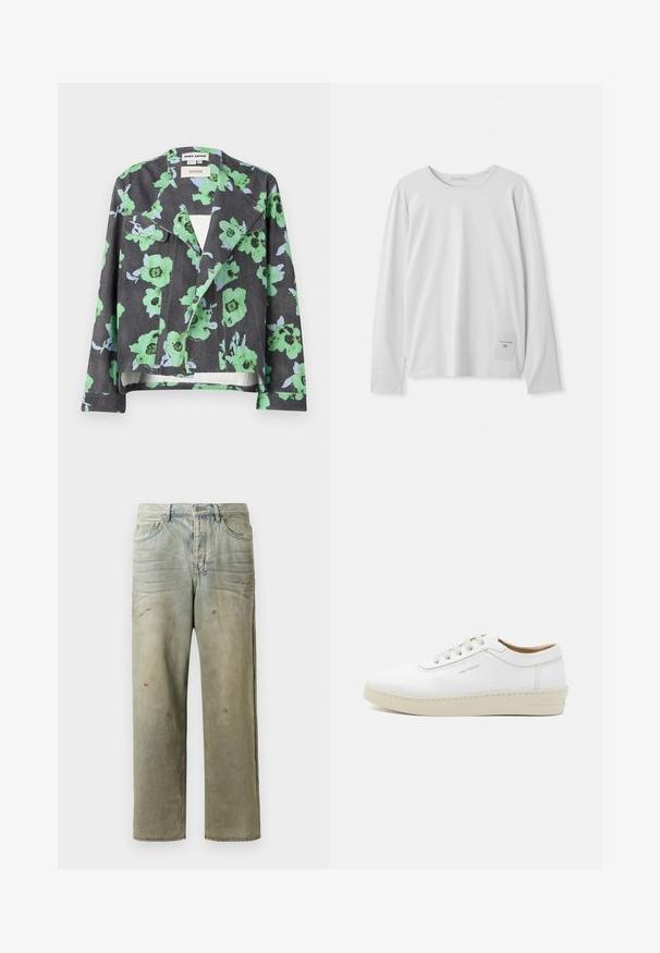 Bloemenjacket met een zwarte achtergrond, grote groene en blauwe bloemen, een reverskraag en voorzakken. Gemaakt van gestructureerde stof.; Witte langemouwen T-shirt van zachte katoen. Heeft een ronde halslijn en een klein merklabel aan de onderzijde links.; Verweerde denim jeans in lichtgroen, met een rechte pijp, vijf-pocket ontwerp en ongelijkmatige vervaging met verfspatten.; Witte leren sneaker met een gestructureerde afwerking, ronde neus, beige rubberen zool en zes grijze vetersleuven, met onopvallende branding aan de zijkant.