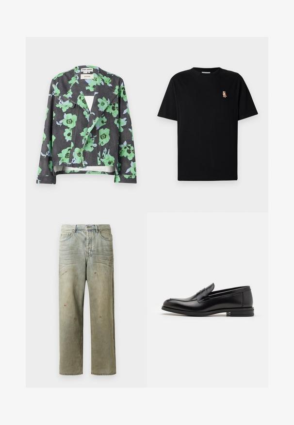Virágos dzseki, fekete háttéren, nagy zöld és kék virágokkal, hajtókás gallérral és elülső zsebekkel. Texturált anyagból készült.; Fekete, rövid ujjú, kerek nyakú póló, bal mellen kis hímzett narancssárga róka logóval.; Fakó zöld, kopott farmerszadrág, egyenes lábbal, ötk zsebes kialakítással, egyenetlen kopással és festékcseppekkel.; Fekete bőr loaferek sima textúrával, kerek orral és dekoratív pánttal a vampnál. Alacsony, rétegelt sarkú, minimalista dizájn.