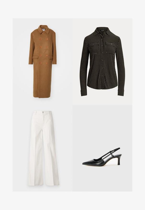 Filippa K DOUBLE BREASTED BRUSHED - Classic coat - light brow; Black button-up shirt with white square pattern, long sleeves, collar, and two front pockets, made from a soft fabric.; White wide-leg trousers made from cotton with a smooth texture. Features a front button, zipper fly, and four-pocket design.; Black patent slingback heel with a pointed toe, featuring textured snake print, adjustable strap, and a short, textured block heel.