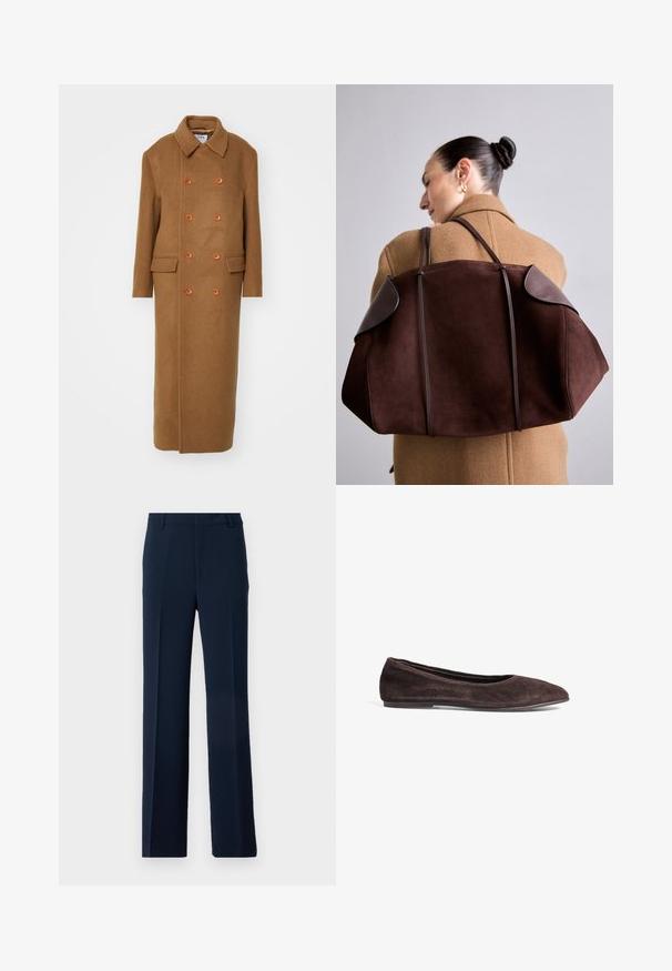 Filippa K DOUBLE BREASTED BRUSHED - Classic coat - light brow; White cotton t-shirt with short sleeves and a round neckline. Features a relaxed fit and minimal design with no patterns or accents.; Navy blue trousers made of smooth fabric, featuring a straight leg design with front pleats and side pockets for a tailored look.; Brown suede ballet flat with a pointed toe and low profile. Features smooth texture and minimalistic design. No visible hardware or accents.; Brown suede handbag with dark leather accents, featuring a structured shape and dual straps, held over the shoulder against a beige coat.