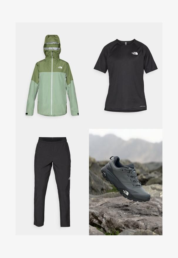 Veste imperméable verte avec capuche, présentant un design bicolore, une fermeture éclair à l'avant et un logo sur le haut de la poitrine gauche. Finition en tissu texturé.; T-shirt de sport noir à manches courtes avec un tissu texturé, arborant un logo blanc sur la poitrine gauche et un ourlet droit.; Pantalon de sport noir avec une taille élastique, fabriqué en tissu léger, présentant un petit logo sur la jambe inférieure et un design de jambe droite.; Chaussure de trail running grise avec un dessus texturé, semelle en caoutchouc durable et chaussure renforcée à l'avant. Comprend des lacets et un logo de la marque sur le côté.