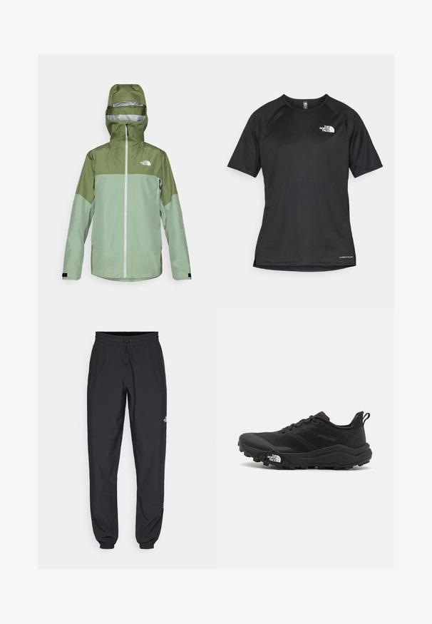 Veste imperméable verte avec capuche, présentant un design bicolore, une fermeture éclair à l'avant et un logo sur le haut de la poitrine gauche. Finition en tissu texturé.; T-shirt de sport noir à manches courtes avec un tissu texturé, arborant un logo blanc sur la poitrine gauche et un ourlet droit.; Pantalon de sport noir en tissu léger, avec une taille à cordon, des poches latérales et des chevilles resserrées.; Chaussure de trail running noire avec une tige texturée, semelle en caoutchouc et bout renforcé. Présente un col rembourré et une tirette pour un enfilage facile.