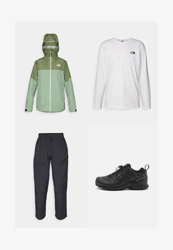 Grüne wasserdichte Jacke mit Kapuze, ausgestattet mit einem zweifarbigen Design, einem Frontreißverschluss und einem Logo auf der oberen linken Brust. Strukturierte Stoffoberfläche.; Weißes langärmliges T-Shirt aus Baumwolle mit Rundhalsausschnitt. Verfügt über ein kleines schwarzes Logo auf der Brust. Glatte Textur, reguläre Passform.; Schwarze Cargo-Hosen aus leichtem, wasserabweisendem Material; verfügen über einen elastischen Bund, mehrere Reißverschlusstaschen und schmal zulaufende Beine.; Schwarzer Sportschuh mit einer strukturierten, synthetischen Oberseite, gepolsterten Sohle und einem schnellen Schnürsystem. Verfügt über eine verstärkte Zehen- und Fersenkappe.