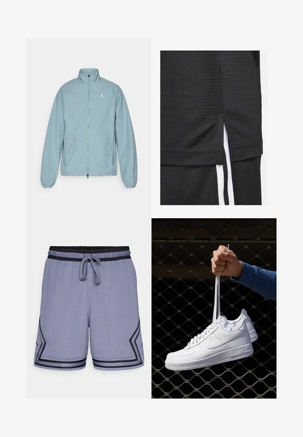 Svijetloplava jakna s patentnim zatvaračem, izrađena od glatkog materijala, visokog ovratnika, sa bočnim džepovima i bijelim logotipom na prsima. Uključuje naglaske s točkastim uzorkom.; Crna atletska majica od teksturiranog materijala, kratke dužine s bočnim prorezima i bijelim naglascima duž strana.; Svijetloplave atletske kratke hlače s mrežastom teksturom, elastičnim pojasom, uzicom za podešavanje i crnim detaljima duž rubova i sa strane.; Bijele kožne tenisice s perforacijama, okruglim vrhom, ravnim potplatom i debelim vezicama, s vidljivim swoosh logom i natpisom "AIR" na peti.
