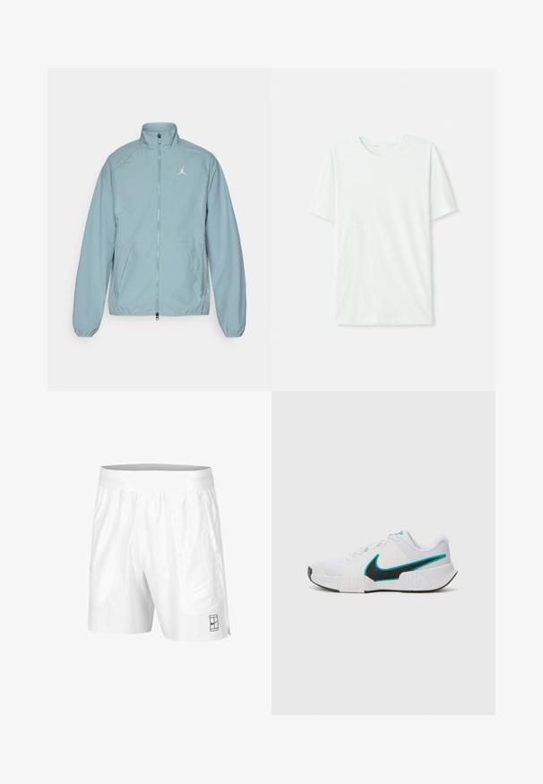 Šviesiai mėlyna, užtrauktuku užsegama striukė, pagaminta iš lygaus audinio, su aukštu apykakliu, šoninėmis kišenėmis ir balta logotipu ant krūtinės. Papuošta taškinio rašto akcentais.; Šviesiai mėtos žalios spalvos trumpų rankovių marškinėliai, pagaminti iš minkštos medžiagos. Turi apvalią iškirptę ir paprastą tiesų siluetą be dekoro.; Balti sportiniai šortai su elastine juostele, dviem šoninėmis kišenėmis ir mažu juodu logotipo akcentu apatinėje priekyje. Lygus paviršius.; Balti sportiniai batai su tekstūruotu tinkliniu paviršiumi, juodu guminėmis padais ir mėlyna Nike ženklu. Yra raiščiai ir paminkštinta apykaklė.