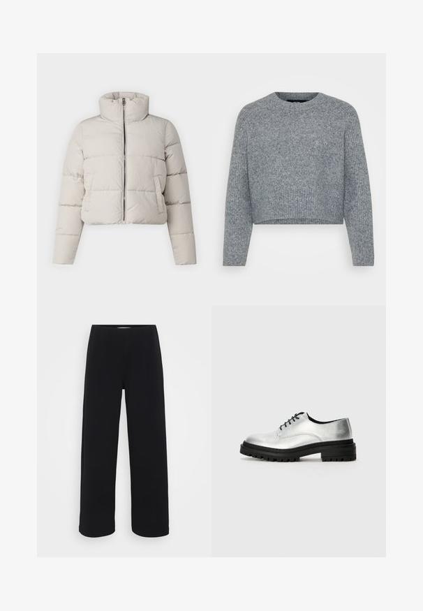 Beige rövid pufi dzseki magas gallérral, cipzáros elülső részel és vízszintes varráselemekkel. Puha tapintású és könnyű anyagból készült.; Szürke, rövid fazonú pulóver, texturált kötésű anyagból, kerek nyakkivágással és hosszú ujjal. Az anyag lágy és melegnek tűnik.; Fekete, bő szárú nadrág, elasztikus derékkal. Texturált anyagból készült, laza szabású, egyenesen vágva a csípőtől a szegélyig.; Ezüst bőr oxford cipők, lekerekített orral, fekete gumitalppal és fekete fűzőkkel. A oldalain minimális varrási részletek találhatók.