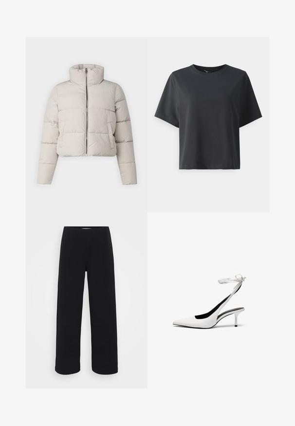Béžová zkrácená puffer bunda s vysokým límcem, zapínáním na zip a horizontálním švem. Měkká textura a lehký materiál.; Černé bavlněné tričko, krátké rukávy, kulatý výstřih, volný střih, hladká textura, jednoduchý design, bez vzorů nebo akcentů.; Černé kalhoty s širokými nohavicemi a elastickým pasem. Vyrobené z texturovaného materiálu, mají volný střih a rovný zakončení od boků až po lem.; Bílé lodičky s špičatou špičkou a s otevřenou patou, opatřené tenkým páskem kolem kotníku. Hladký kožený materiál, tenký jehlový podpatek a černé vnitřní podšívka.