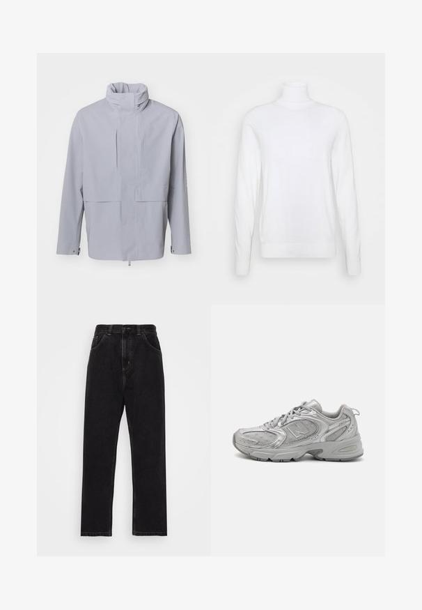 Ljusgrå jacka med hög krage, knappstängning och en kort design. Har en mjuk textur med minimalistisk stil och inga synliga mönster.; Vit polotröja med långa ärmar, tillverkad av slät tyg. Har en figurnära design och ribbade ärmslut och nederkant. Ingen mönster eller detaljer.; Svarta denimjeans med rak bendesign, utrustade med fem fickor, knapplås och dragkedja, samt kontrasterande gula sömmar.; Silver atletisk sko med en slank design, nätpaneler, vadderad tunga, texturerat syntetiskt övre och gummisulor för grepp.