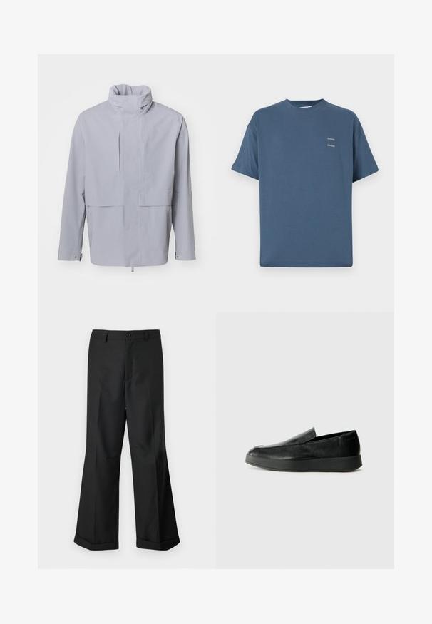 Gaiši pelēks žakets ar augstu apkakli, pogu aizdari un īsu dizainu. Tam ir gluda tekstūra ar minimālistisku stilu un bez redzamām rakstu detaļām.; Zilas kokvilnas T-krekls ar klasisku apaļu kaklu, īsām piedurknēm, brīvu piegriezumu un diviem maziem apdrukātiem logo uz krūtīm. Gluda tekstūra.; Melni plaši bikses ar pogājam jostu un apakšdaļu ar aprocēm, izliktas uz vienkārša balta fona.; Calvin Klein HYBRID CUP - Čības - triple black