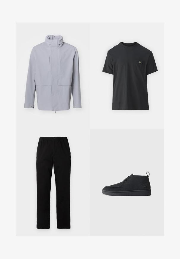 Giacca grigia chiara con colletto alto, chiusura a bottoni e design cropped. Presenta una texture liscia con uno stile minimalista e senza motivi visibili.; T-shirt in cotone nero con maniche corte, scollatura rotonda e un piccolo logo verde sul taschino sinistro. Design semplice, vestibilità regolare.; Pantaloni neri realizzati in un tessuto misto cotone, caratterizzati da un taglio dritto, vita elastica con bottone e senza motivi o dettagli visibili.; Stivale alla caviglia in suede nero con lacci, dotato di una linguetta per il tiraggio e suola testurizzata, caratterizzato da un piccolo logo a forma di coccodrillo embossato sul lato.