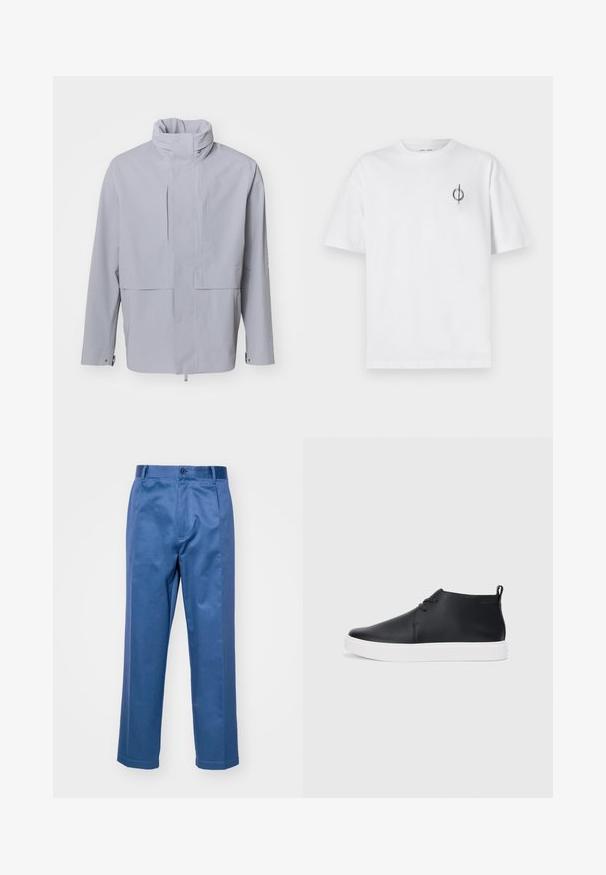 Gaiši pelēks žakets ar augstu apkakli, pogu aizdari un īsu dizainu. Tam ir gluda tekstūra ar minimālistisku stilu un bez redzamām rakstu detaļām.; Bāla kokvilnas t-kreklu ar brīvu piegulšanu, kuram uz kreisā krūšu apvidus ir neliels melns grafiskais logotips. Īsas piedurknes, apaļas kakla izgriezums.; Zili bikses, kas izgatavotas no gluda auduma, ar taisnu kāju dizainu, pogu aizdari un smalkiem šuvuma akcentiem.; Melnas ādas augstas tenisa kurpes ar gludu apdari, baltu gumijas zoli un vienkāršu šņorēšanas dizainu. Aizmugurē ir vilkšanas cilpa.