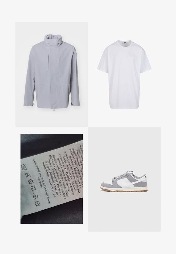 Vaaleanharmaa takki, jossa on korkea kaulus, nappikiinnitys ja lyhyt muotoilu. Takissa on sileä pinta, minimalista tyyliä ja ei näkyviä kuvioita.; Valkoinen puuvillainen t-paita, jossa on lyhyet hihat, pyöreä kaula-aukko, rento istuvuus ja ei näkyviä logoja tai kuvioita. Sileä pinta ja minimaalinen muotoilu.; Tarran etiketti, jossa on monikielistä tekstiä, huoltovihjeitä ja kierrätysikoneita, painettuna pehmeälle kankaanomaista materiaalia, vaaleassa väreissä.; Harmaa ja valkoinen lenkkari, jossa on mokka- ja nahkapinta, pyöreä kärki, litteät nauhat ja kumipohja, jossa on vaahtomuoviväri.