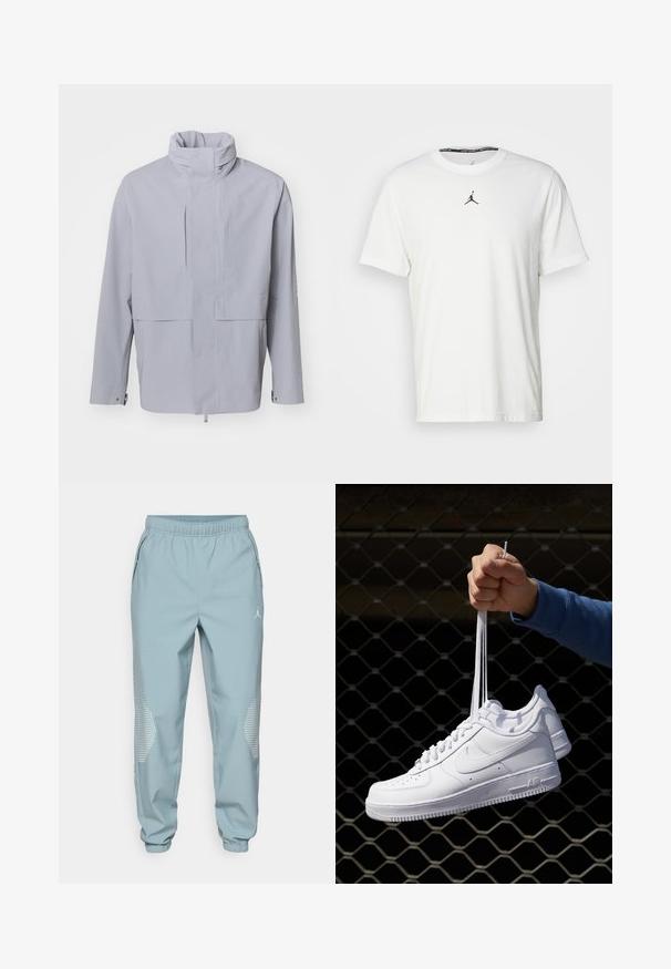 Light gray jacket with a high collar, button closure, and a cropped design. Features a smooth texture with minimalistic styling and no visible patterns.; White short-sleeve T-shirt made of cotton, featuring a black Jumpman logo on the chest and a round neckline with a black interior tag.; Light blue athletic joggers with an elastic waistband, side pockets, and reflective dotted accents on the lower legs.; White leather sneakers with perforations, round toe, flat sole, and thick laces, featuring a visible swoosh logo and "AIR" on the heel.