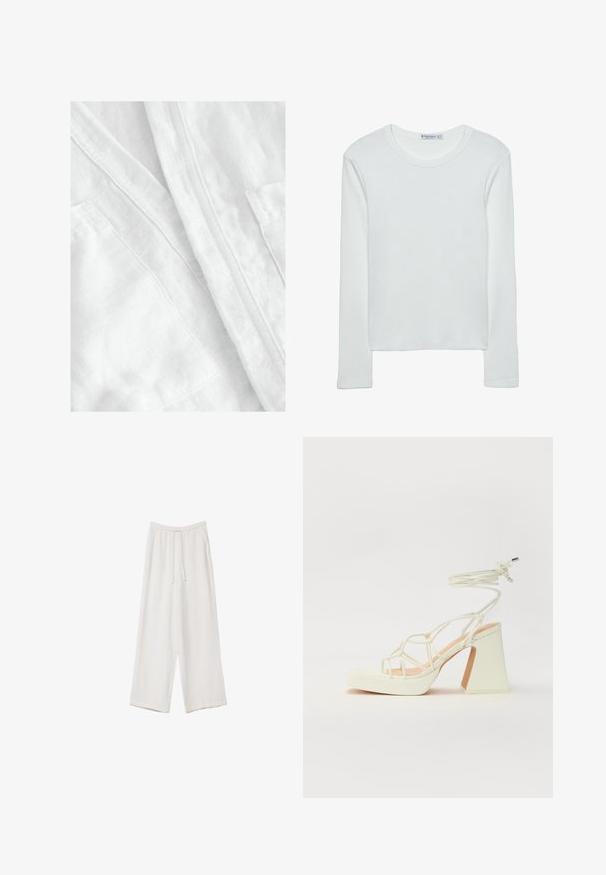 Vitt linne tyg med en mjuk, texturerad yta. Har synlig sömnad och en fickdetalj, vilket förmedlar en lätt och andningsbar design.; Vit långärmad t-shirt i ribbat tyg med rund halsringning och rak nederkant. Enkel, enhetlig design.; Vita vida byxor i vid passform gjorda av ett lättviktsmaterial. Har en elastisk midja med dragsko och sidofickor. Slät textur.; Vit högklackad sandal med en kraftig klack, med ett remdesign och ankelband. Slät textur med en plattform framtill för ökad höjd.
