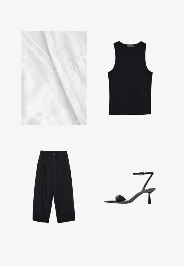 Tissu en lin blanc avec une finition douce et texturée. Présente des coutures visibles et un détail de poche, véhiculant un design léger et respirant.; Débardeur noir en coton, avec un col rond et des emmanchures larges. Texture lisse avec des ourlets cousus. Design classique et minimaliste.; Pantalon culotte noir en polyester avec une taille élastique, deux plis avant et une silhouette ample. Pas de motifs visibles ni de détails matériels.; Bershka Sandales à talons hauts - black