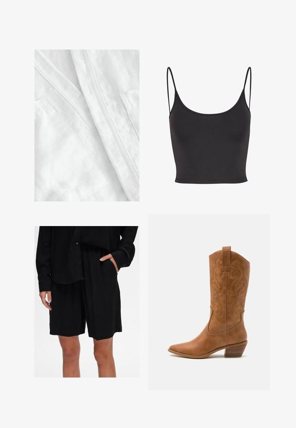 Tissu en lin blanc avec une finition douce et texturée. Présente des coutures visibles et un détail de poche, véhiculant un design léger et respirant.; Crop top noir sans manches en tissu lisse. Présente des bretelles spaghetti fines et un décolleté plongeant, avec une coupe ajustée.; Shorts noirs en tissu doux, coupe décontractée, avec un waistband élastique et des poches latérales ; assortis à une chemise à boutons de la même couleur.; Bottes de cow-boy en cuir tan avec un bout pointu, des motifs en spirale brodés sur la tige, et un talon bloc empilé. Équipées d'une languette pour un enfilage facile.
