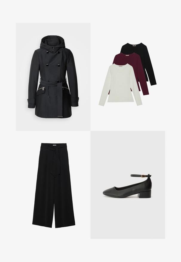 Palton negru cu un design cu două rânduri de nasturi, nasturi mari, glugă și talie cu curea. Include buzunare laterale cu fermoar și o textură de țesătură netedă.; Tricouri cu mânecă lungă în alb, burgundy și negru. Realizate dintr-un material moale, cu un guler rotund și un design ajustat. Potrivite pentru straturi.; Pantaloni largi negri dintr-un material texturat, cu un tiv elastic și o panglică detașabilă la talie pentru un fit ajustabil.; Pantof cu toc negru din piele, cu vârf ascuțit și toc mic pătrat. Dispune de o curea la gleznă cu o cataramă în tonuri de aur. Textură netedă.