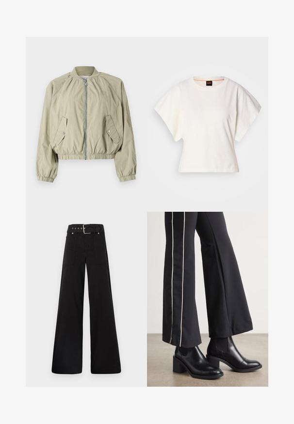 Světlý olivově zelený zkrácený kabát se zipem vpředu, pružnými manžetami a dvěma bočními kapsami. Má kulatý žebrovaný límec a jemný detail s logem.; Bílý zkrácený T-shirt, krátké široké rukávy, měkký bavlněný materiál, kulatý výstřih s jemným oranžovým lemováním, minimalistický design, bez vzorů nebo grafik.; Černé široké kalhoty vyrobené z bavlny, s vysokým pasem, velkými bočními kapsami a opaskem s kovovými akcenty v barvě stříbra.; Černé kožené kotníkové boty na blokovém podpatku, s elastickými bočními panely. V kombinaci s černými kalhotami, které mají bílý boční pruh.