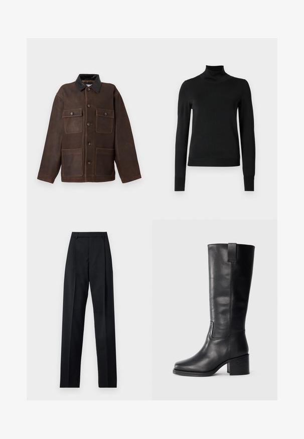 Pruun nahktagi musta kraega, millel on neli esimest taskut ja nööbid. Pehme tekstuur koos nähtavate õmbluste detailidega.; Mustmusterta mustaga pikkade varrukatega kõrge kaelusega sviiter, millel on ribakudumisega mansetid ja äär, esitatud lihtsal valgel taustal.; Mustad püksid siledast kangast, millel on kõrge vöökoht, laiad jalad, esimesed kortsud ja klassikalised vööloopid. Küljepockets pole nähtavad.; Musthave mustad nahktoodete bikiinibootid, millel on sile pind, ruudukujuline varvas, plokk-kand ja külgmine tõmbeaas, minimaalse õmblusega detailid.