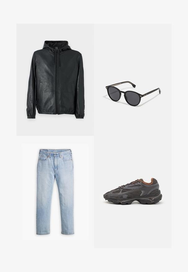 COACH REVERSIBLE TRAINER - Leren jas - black/charcoal; Zwarte lichtgewicht trui met een halve rits kraag, ribgebreide manchetten en zoom, met een klein groen logo op de borst.; Lichtblauwe denim jeans met een recht model, vijf zakken en contrasterende stiksels. Knopen- en ritssluiting bij de taille.; Lacoste sneakers in donkergrijs van mesh en synthetisch materiaal, met een gestructureerde zool en bruine accenten op de kraag en branding.; BOSS Zonnebril - black