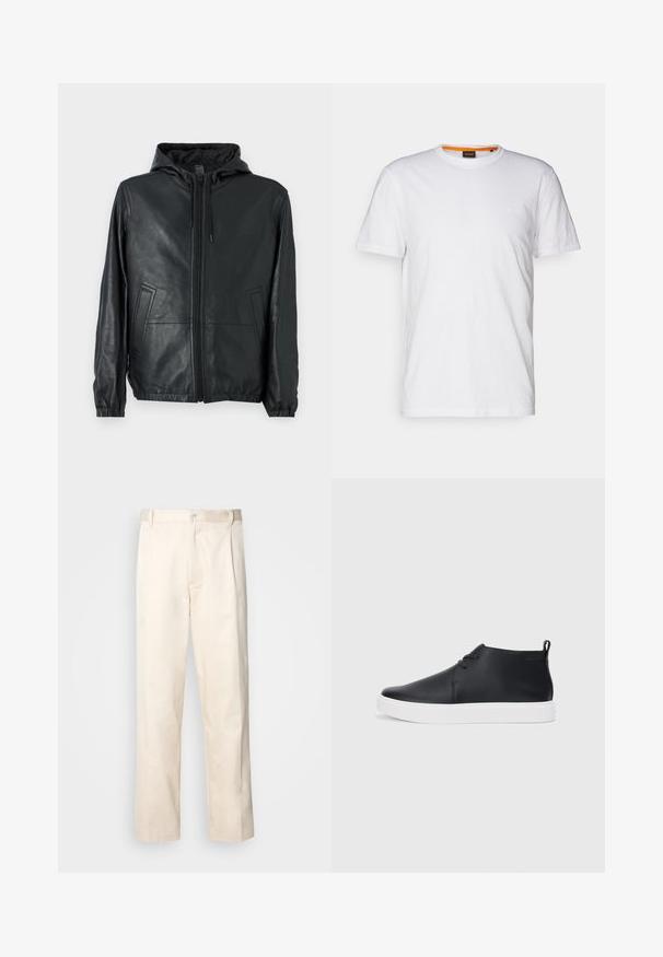 COACH REVERSIBLE TRAINER - Δερμάτινο μπουφάν - black/charcoal; Λευκό βαμβακερό T-shirt με στρογγυλή λαιμόκοψη, κοντά μανίκια και μια διακριτική ανάγλυφη λογότυπο στο στήθος. Η εσωτερική ετικέτα έχει πορτοκαλί λεπτομέρεια.; Μπεζ βαμβακερό παντελόνι με ίσια γραμμή, διαθέτει κουμπί κλεισίματος και πτυχές στο μπροστινό μέρος για επιπλέον λεπτομέρεια.; Μαύρα δερμάτινα ψηλά αθλητικά παπούτσια με λείο φινίρισμα, λευκή καουτσούκ σόλα και απλό σχέδιο με κορδόνια. Διαθέτουν θηλιά στην πλάτη.
