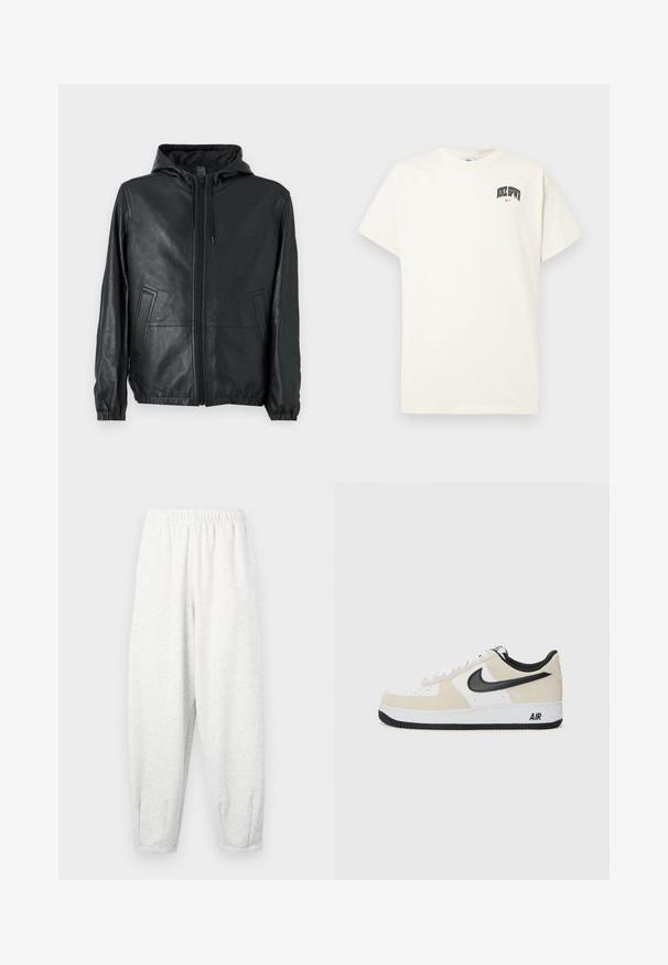 COACH REVERSIBLE TRAINER - Nahkjakk - black/charcoal; Kreemivalge puuvillane t-särk lühikeste varrukatega, millel on rinnal musta ja punase tekstiga "NIKE SB". Tavaline ümmargune kaelus.; Heledad hallidega valmistatud helehallid spordipüksid, millel on elastne vöökoht, kitsenevad sääred ja pahkluupuhvri. Lihtne disain ilma mustriteta.; Kergedega helebeež Suede ja valge naha pealispind, must Nike swoosh, mustad aksendid ja valgest kummist põhi, mis peal "AIR" bränding.