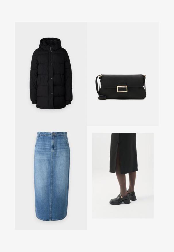 Must värvi puhvjakas kapuutsiga, mis on varustatud tikandides mustriga, nööpidega ja kahe küljetaskuga. Valmistatud siledast, isoleeritud materjalist.; JDY JDYDINEA REVERSIBLE - Džemper - fern; Heledad denimpencil seelik heledas sinises toonis, sirge lõikega, esise nup closure'iga ja kergelt kulunud efektiga. Varrukaäär ulatub just üle põlve.; Mustad mustad jalatsid ümmarguse varbaga, paksu plokkniidi ja elastsete külgdetailidega, kombineeritud tumedate sukkade ja musta lõhikuga seelikuga.; Must haben musta nahkklahviga kott, millel on klapp ja kuldne metallist pandla detail. Kaasas must rihm ja stiilne, minimalistlik disain.