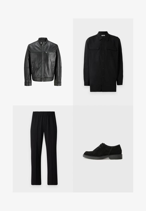 Czarna skórzana kurtka z kołnierzem typu stójka, zamkiem błyskawicznym z przodu, kieszenią na zamek błyskawiczny na piersi oraz dwiema bocznymi kieszeniami, prezentowana na białym tle.; Czarna koszula z guzikami wykonana z gładkiego materiału, z klasycznym kołnierzykiem, dwoma przednimi kieszeniami i długimi rękawami z mankietami na guziki.; Czarne spodnie z elastycznym pasem o prostym kroju, z gładką strukturą i bez widocznych wzorów czy elementów metalowych.; Czarne zamszowe półbuty z okrągłym noskiem, kontrastującym przeszyciem oraz gumową podeszwą. Charakteryzują się minimalnym wiązaniem i gładkim fasonem cholewki.