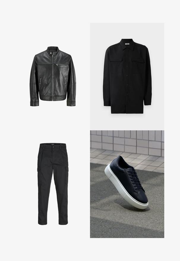 Black leather jacket with stand collar, front zipper, zippered chest pocket, and two side pockets, displayed on white background.; Black button-up shirt made of smooth fabric, featuring a classic collar, two front pockets, and long sleeves with button cuffs.; Black cargo pants made of sturdy fabric, featuring multiple pockets, a button closure, and a slim fit design with tapered legs.; Black leather sneaker with rounded toe and white rubber sole. Features flat laces and minimal stitching on the upper. Textured sole for grip.