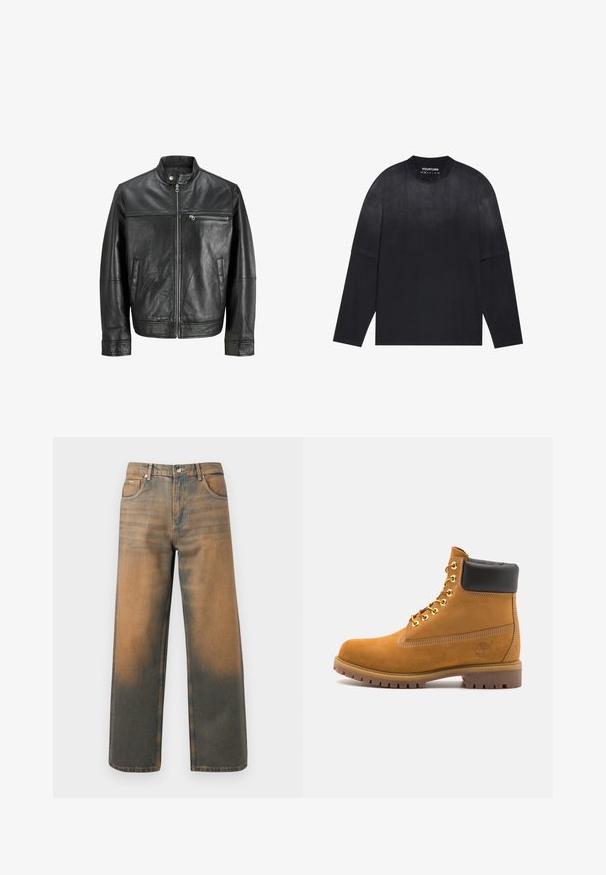 Melna ādas jakas ar stāvošu apkakli, priekšējo rāvējslēdzēju, rāvējslēdzēju krūšu kabatu un divām sānu kabatām, parādīta uz balta fona.; Ilgi piedurkņu melns T-krekls, izgatavots no mīksta auduma; iekļaujapa sadingu apkakli, brīvu piegriezumu un vāju gradienta efektu no gaišas uz tumšu.; Platas kāju džinsi novecojušajā zilā un brūnā denimā. Ievērojams augsts viduklis, priekšējās kabatas un klasiskā pogu aizdare ar metāliskām akcentiem.; Brūna zamša potīte ar melnu izšuvumu ap kaklu, zelta metāla acu caurumi, balta šuvju apdare un izturīgs gumijas zole ar izteiktu zīmējumu.