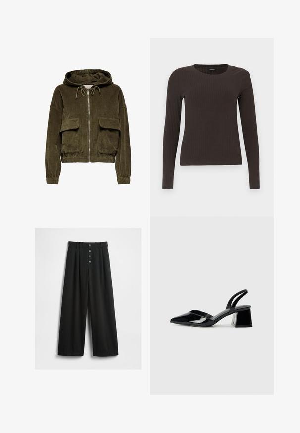 Corduroy zip-up hoodie in olive green with a hood, two front pockets, elastic cuffs, and hem. Soft texture with striped pattern.; Brown, long-sleeve ribbed top with a crew neckline. Made from a smooth, stretchy material, featuring a fitted silhouette and minimal detailing.; Wide-leg black trousers made of a textured fabric. Features a high waist, five-button front closure, and pressed pleats for added detail.; Black patent leather slingback heels with a pointed toe and a geometric block heel. Features a sleek, minimal design and smooth texture.