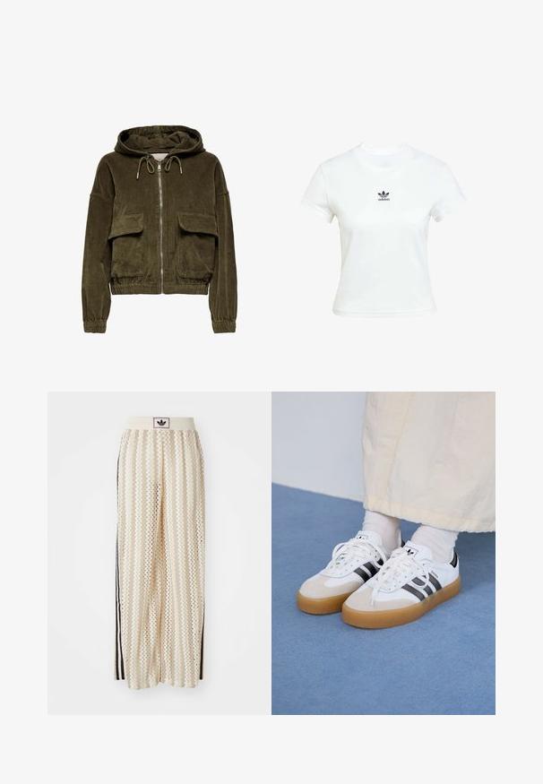 Hoodie z zippem z kordurowej tkaniny w oliwkowym kolorze, z kapturem, dwoma przednimi kieszeniami, elastycznymi mankietami i dołem. Miękka tekstura z paskowym wzorem.; Biała bawełniana koszulka z krótkim rękawem i okrągłym dekoltem. Posiada czarne logo Adidas nadrukowane na piersi. Prosty, minimalistyczny design.; Kremowe szerokie spodnie w stylu palazzo z wzorem w zygzak, z czarnym paskiem z logo oraz bocznymi czarnymi paskami. Lekki, teksturowany materiał.; Białe sneakersy z czarnymi paskami i beżowymi zamszowymi akcentami. Posiadają teksturowaną gumową podeszwę i płaskie białe sznurowadła, noszone z jasnymi skarpetami.