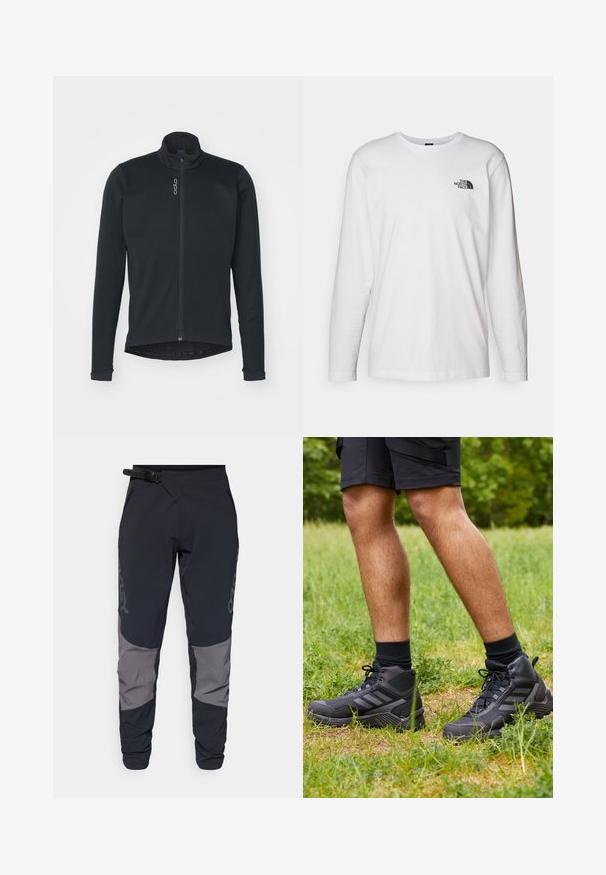 ODLO JACKET ZEROWEIGHT WARM - Cyklistická bunda - black; Bílý dlouhý rukáv tričko vyrobené z bavlny s kulatým výstřihem. Na hrudi se nachází malé černé logo. Hladká textura, běžný střih.; Oakley MAVEN SCRUB PANT - Outdoorové kalhoty - black/grey; Černé vysoké sportovní boty s texturovaným povrchem, designem se třemi pruhy a černými tkaničkami, spárované s černými krátkými ponožkami a šortkami.